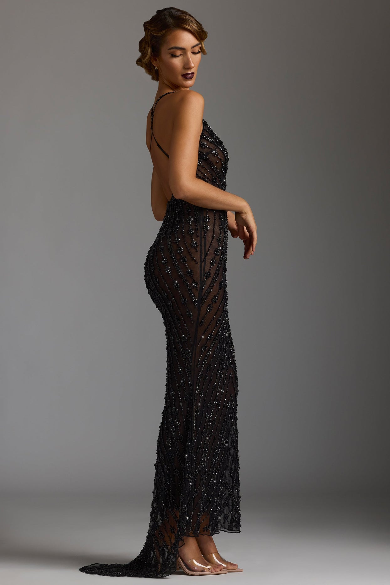 Hand Embellished Sheer Evening Gown in Black