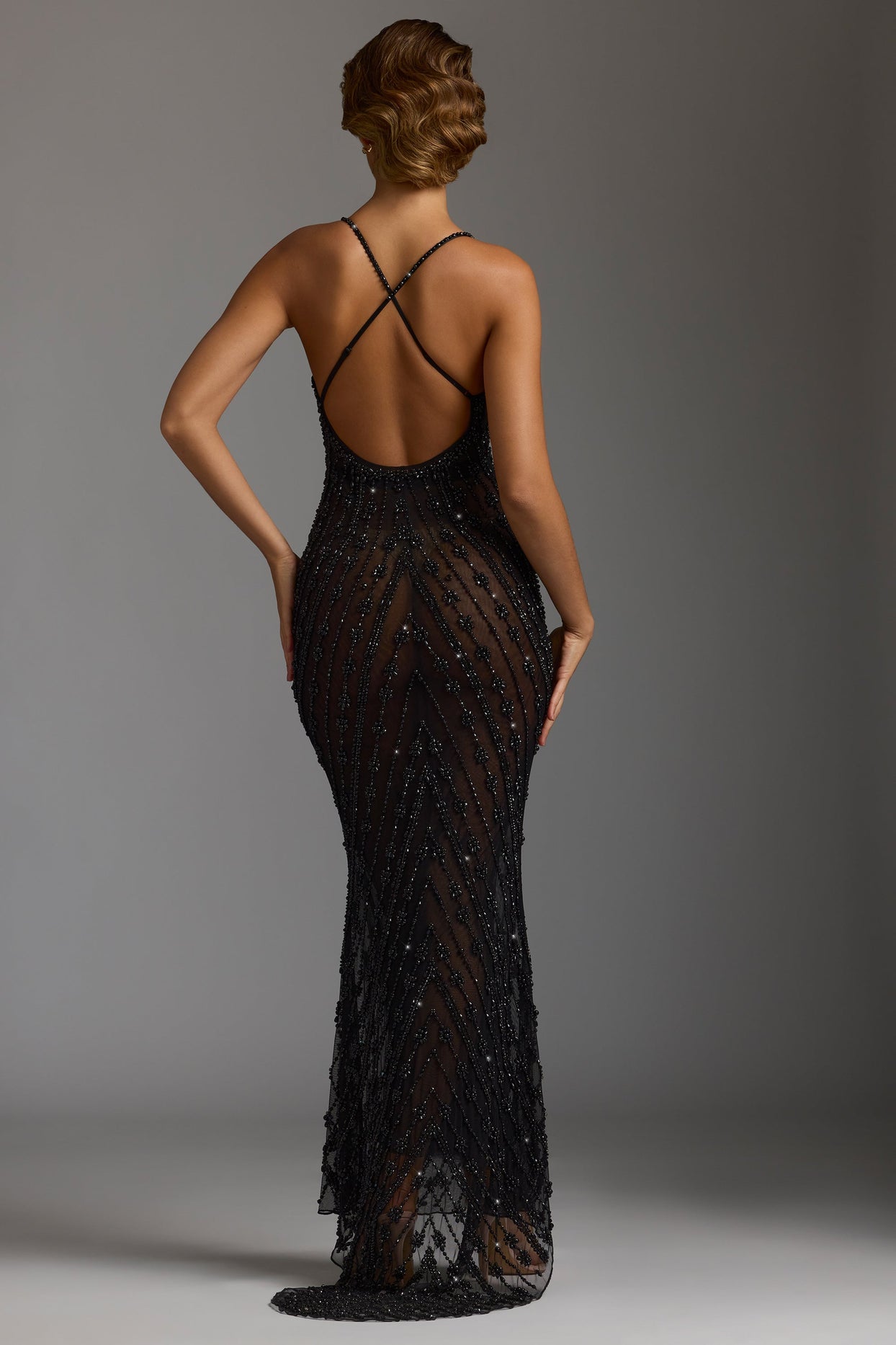 Hand Embellished Sheer Evening Gown in Black