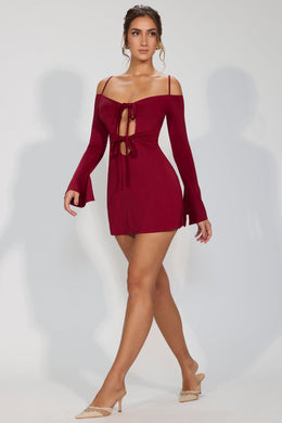 Slinky Jersey Long Sleeve Cut Out Mini Dress in Ruby