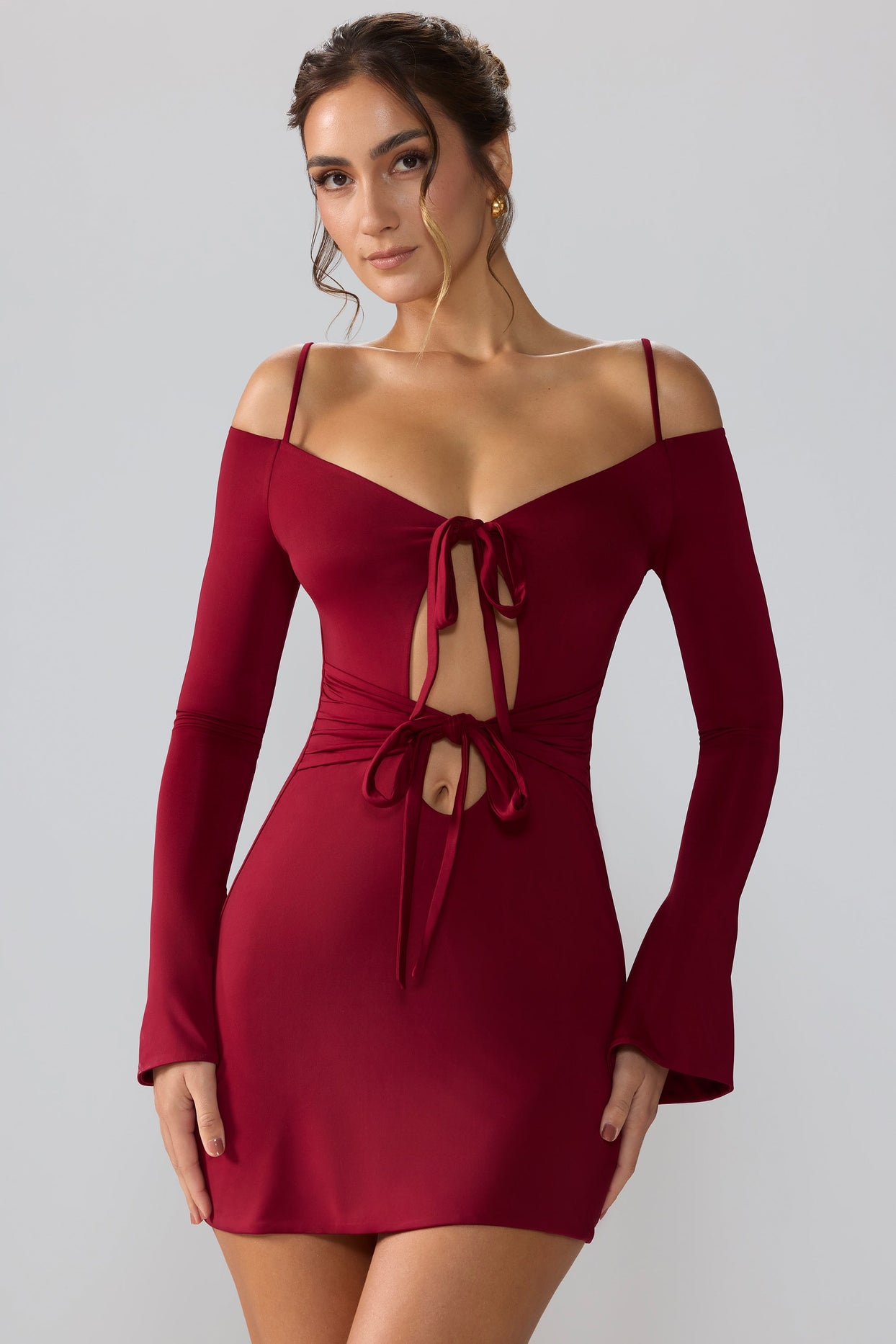 Slinky Jersey Long Sleeve Cut Out Mini Dress in Ruby