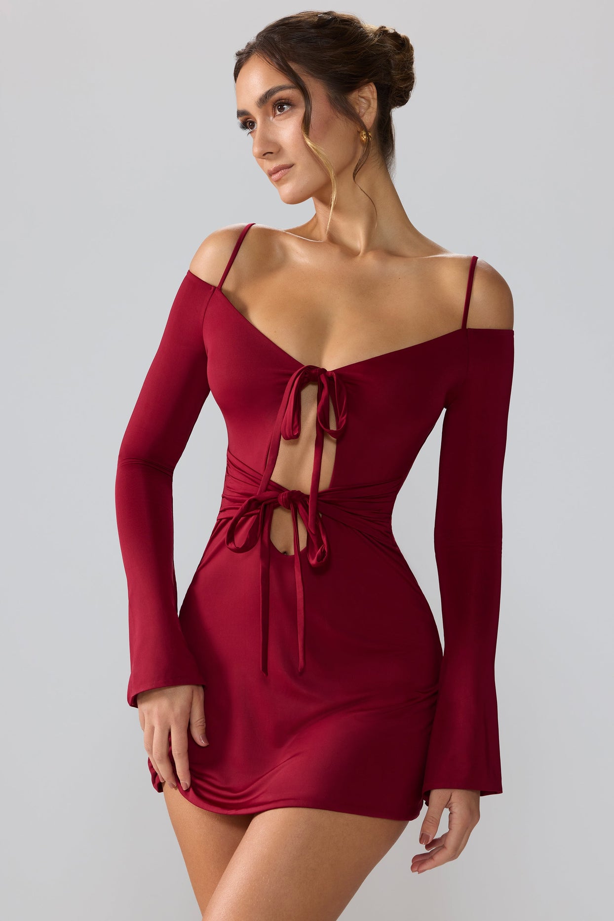 Slinky Jersey Long Sleeve Cut Out Mini Dress in Ruby