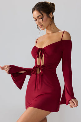 Slinky Jersey Long Sleeve Cut Out Mini Dress in Ruby