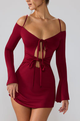 Slinky Jersey Long Sleeve Cut Out Mini Dress in Ruby