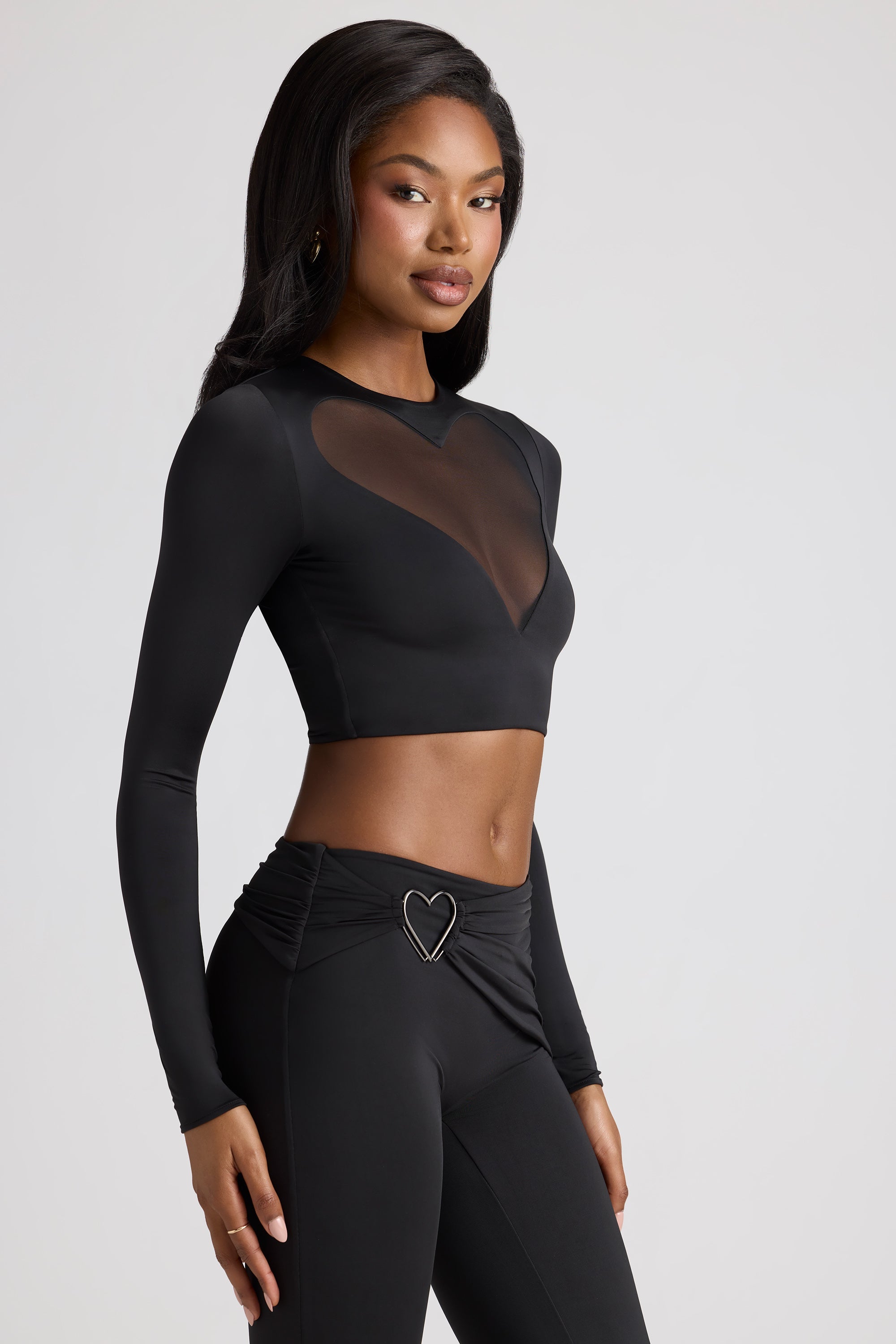 Solea Sheer Panelled Long Sleeve Crop Top in Black Oh Polly