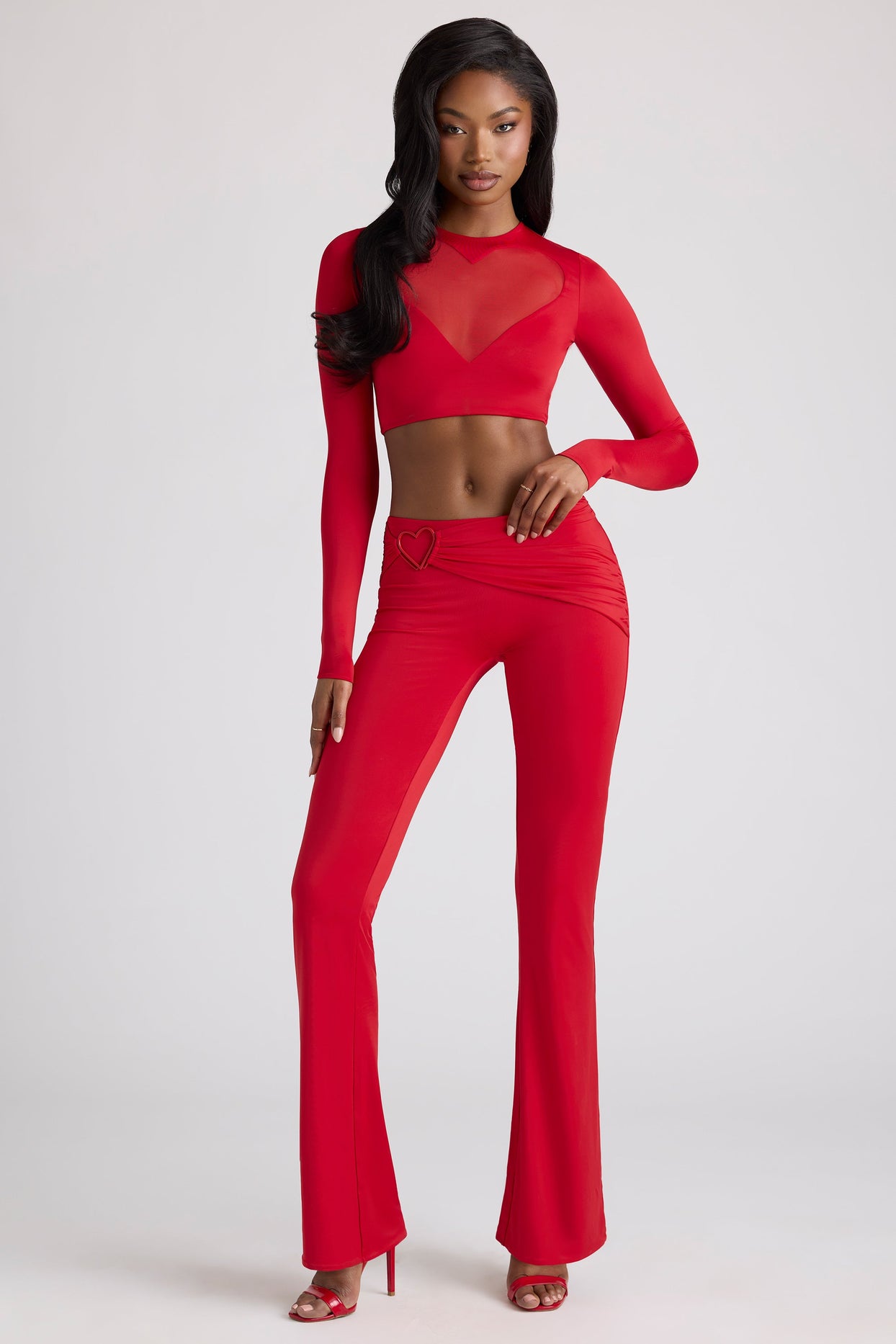 Sheer Panelled Long Sleeve Crop Top in Fire Red