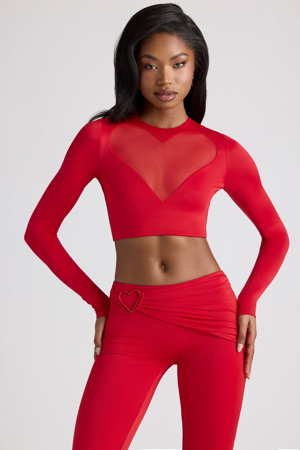 Sheer Panelled Long Sleeve Crop Top in Fire Red