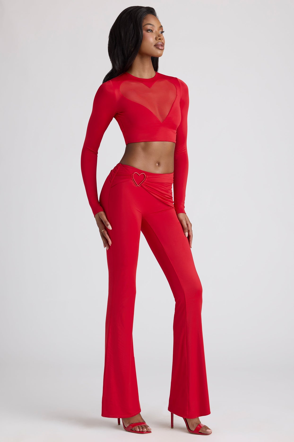 Sheer Panelled Long Sleeve Crop Top in Fire Red