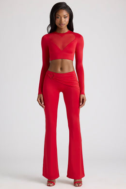 Sheer Panelled Long Sleeve Crop Top in Fire Red