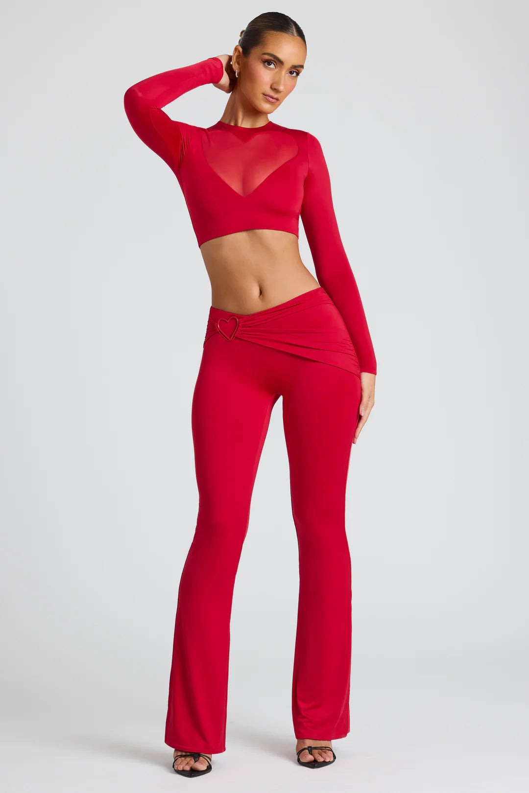 Petite Draped Detail Straight Leg Trousers in Fire Red