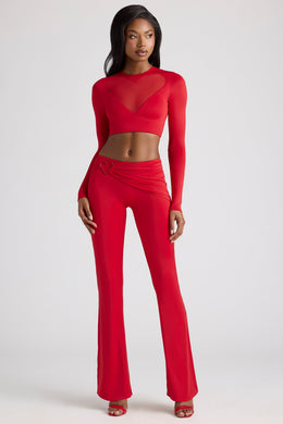 Sheer Panelled Long Sleeve Crop Top in Fire Red