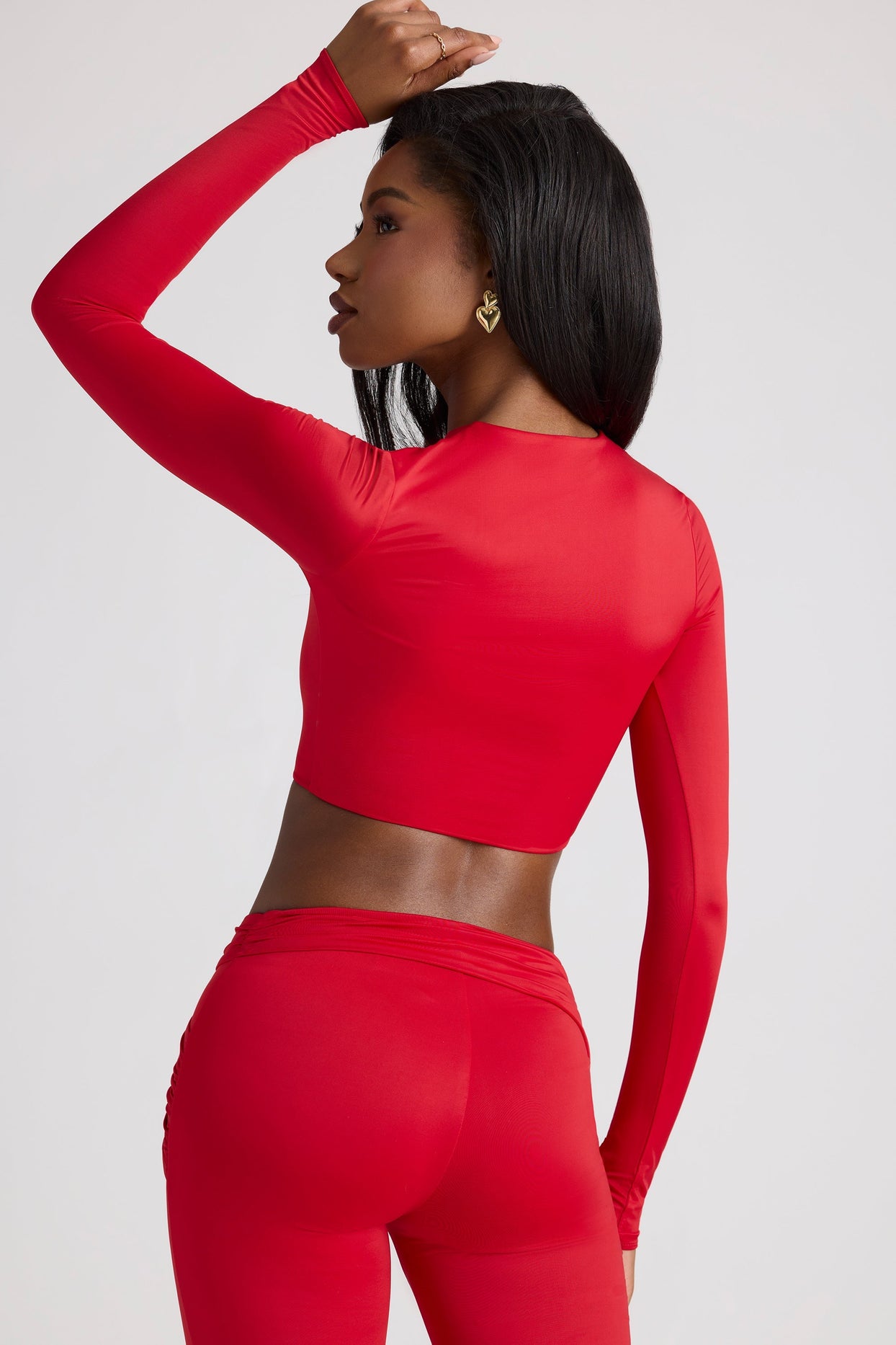 Sheer Panelled Long Sleeve Crop Top in Fire Red