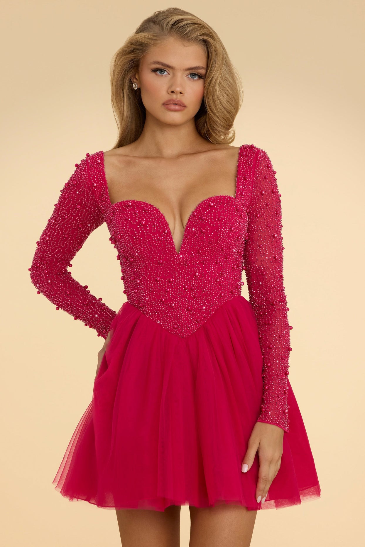 Plunge Neck Tulle Mini Dress in Hot Pink