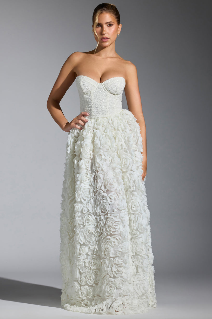 Embellished Floral-Appliqué Corset Gown in White - 1