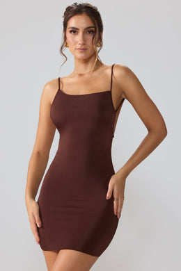 Slinky Jersey Open Back Mini Dress in Espresso