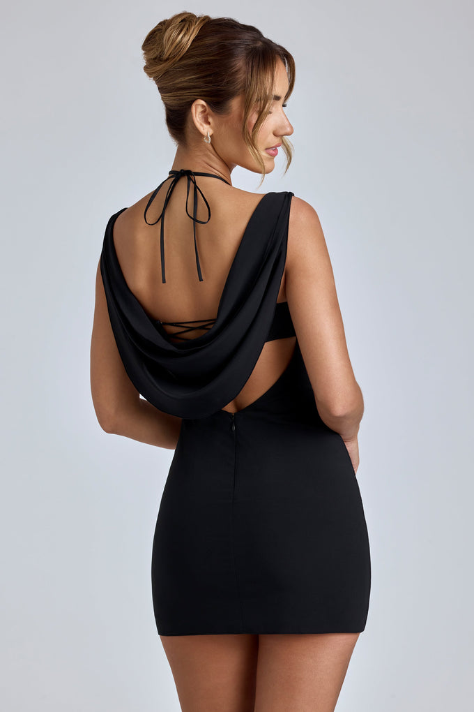 Cowl-Neck A-Line Mini Dress in Black
