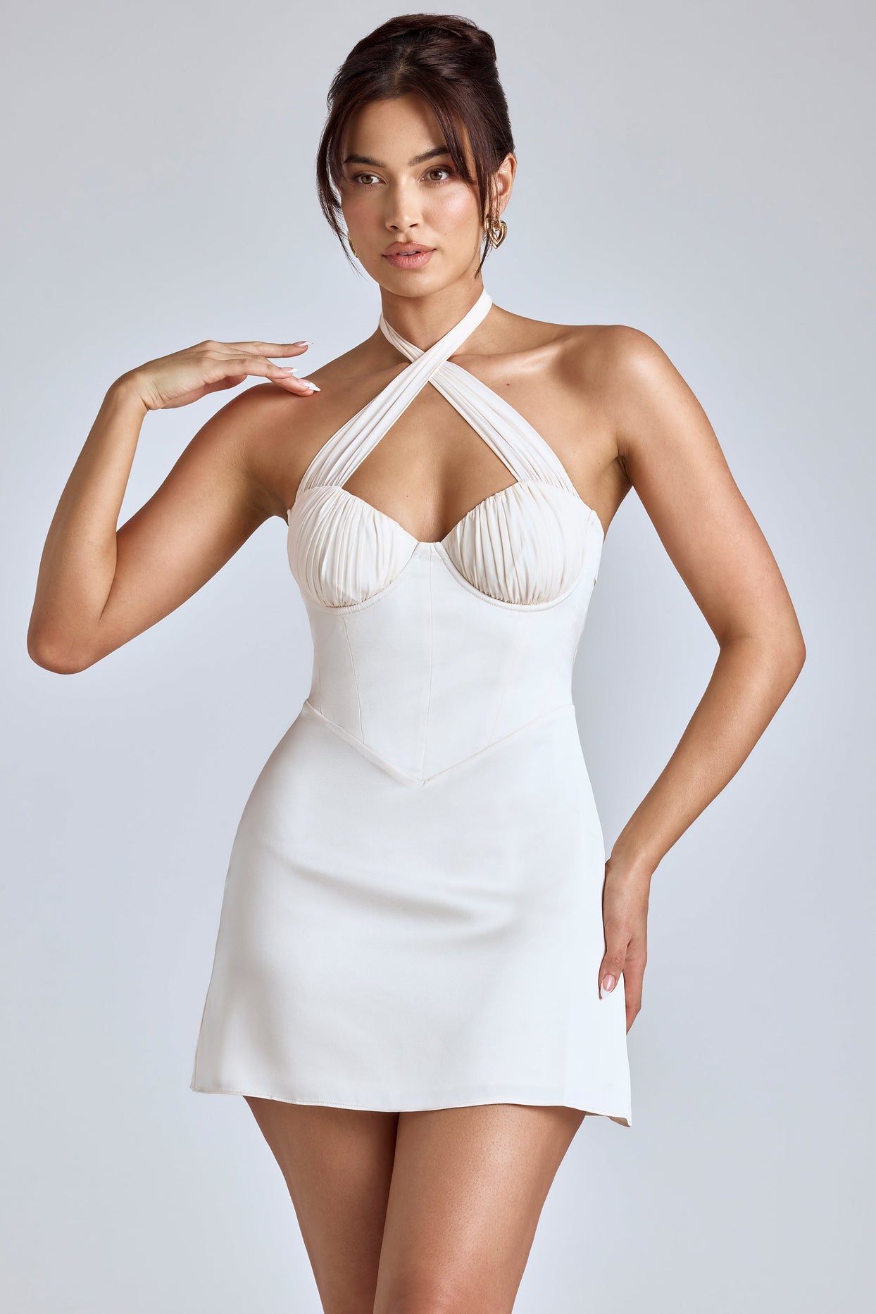 Cross-Neck A-Line Mini Dress in Ivory - 9