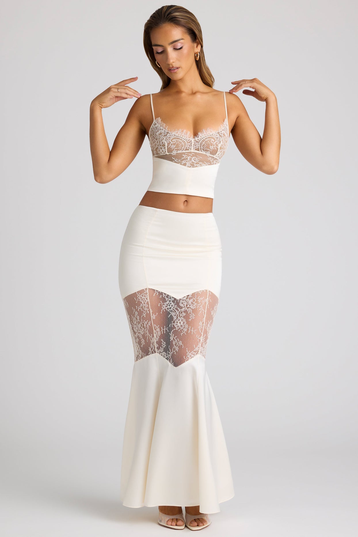 Lace Panel Fishtail Gown Skirt in Ivory