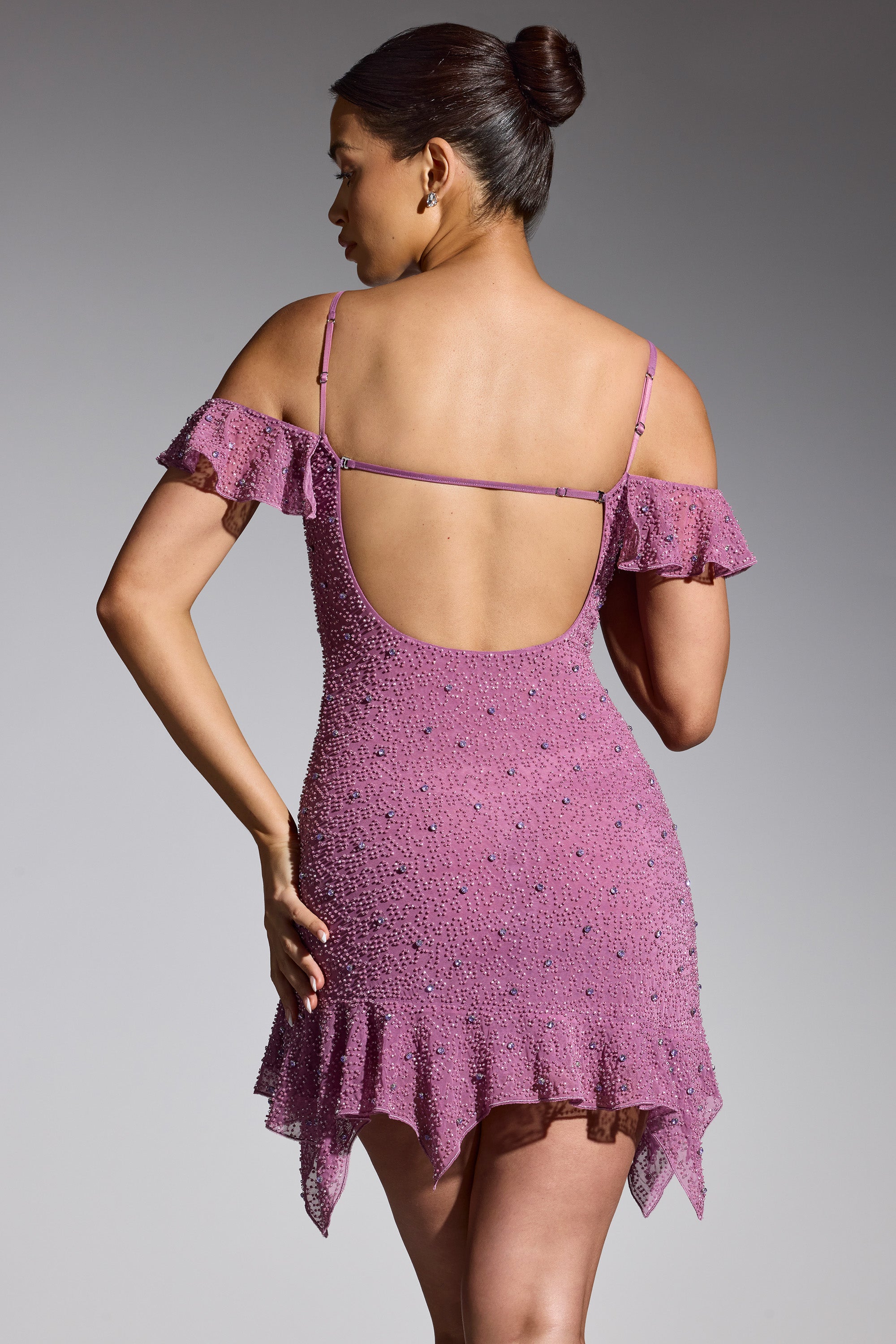 Embellished Cold Shoulder Mini Dress in Grape