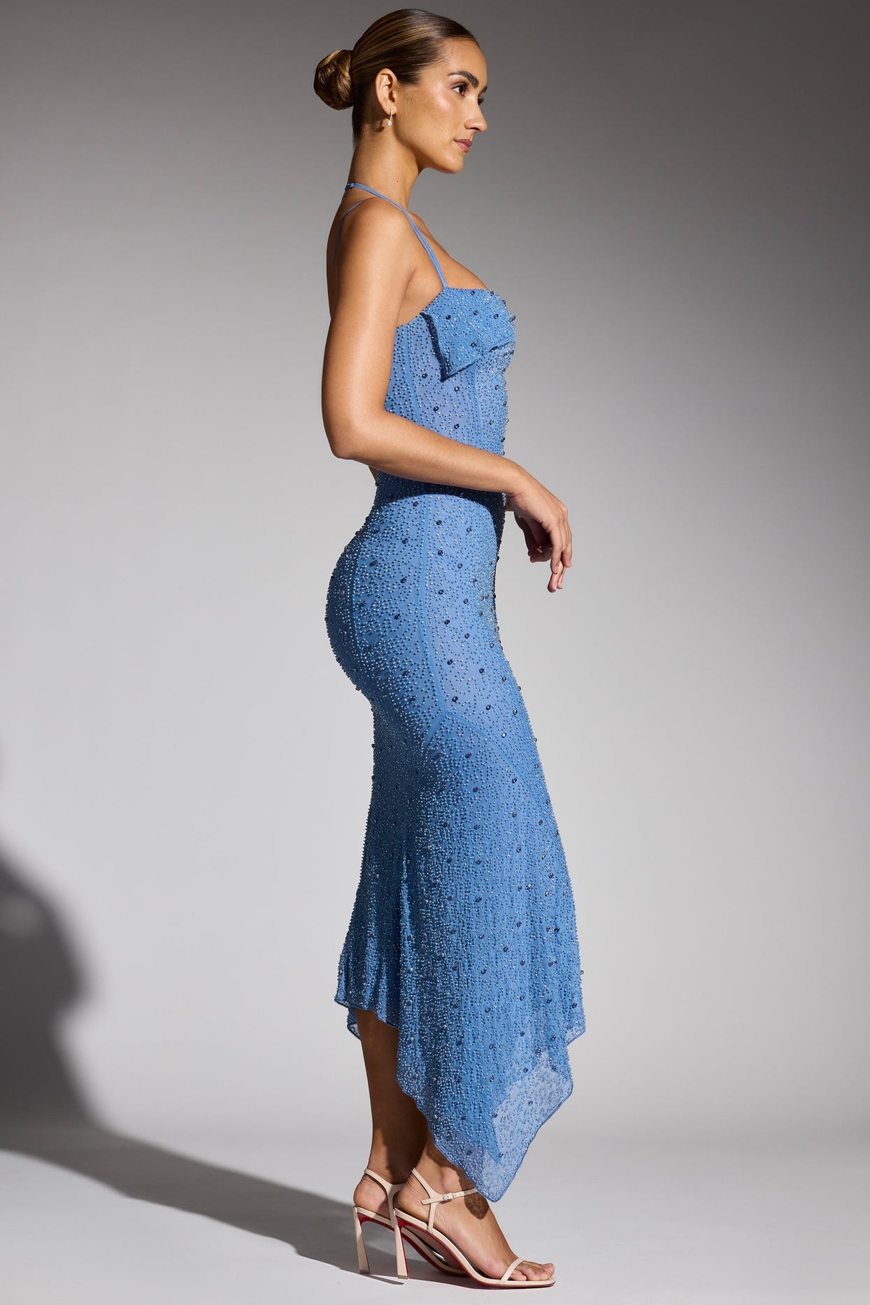 Embellished Asymmetric Maxi Dress in Smokey Blue
