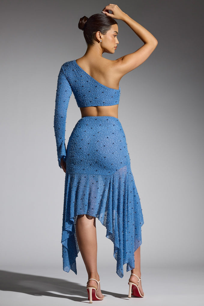 Embellished Handkerchief Hem Gown Skirt in Smokey Blue