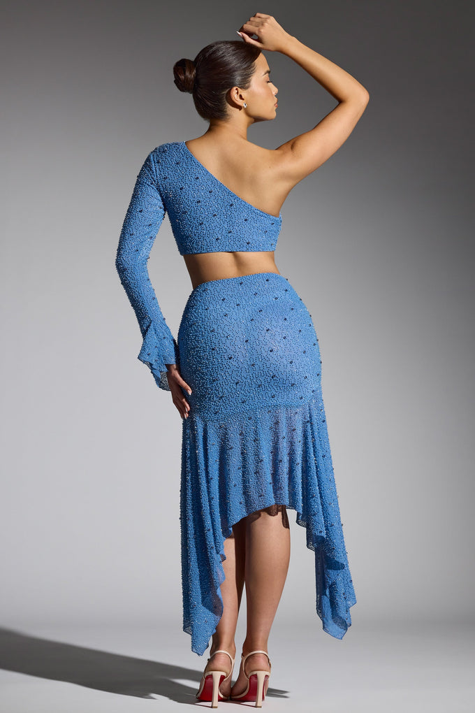 Embellished Handkerchief Hem Gown Skirt in Smokey Blue