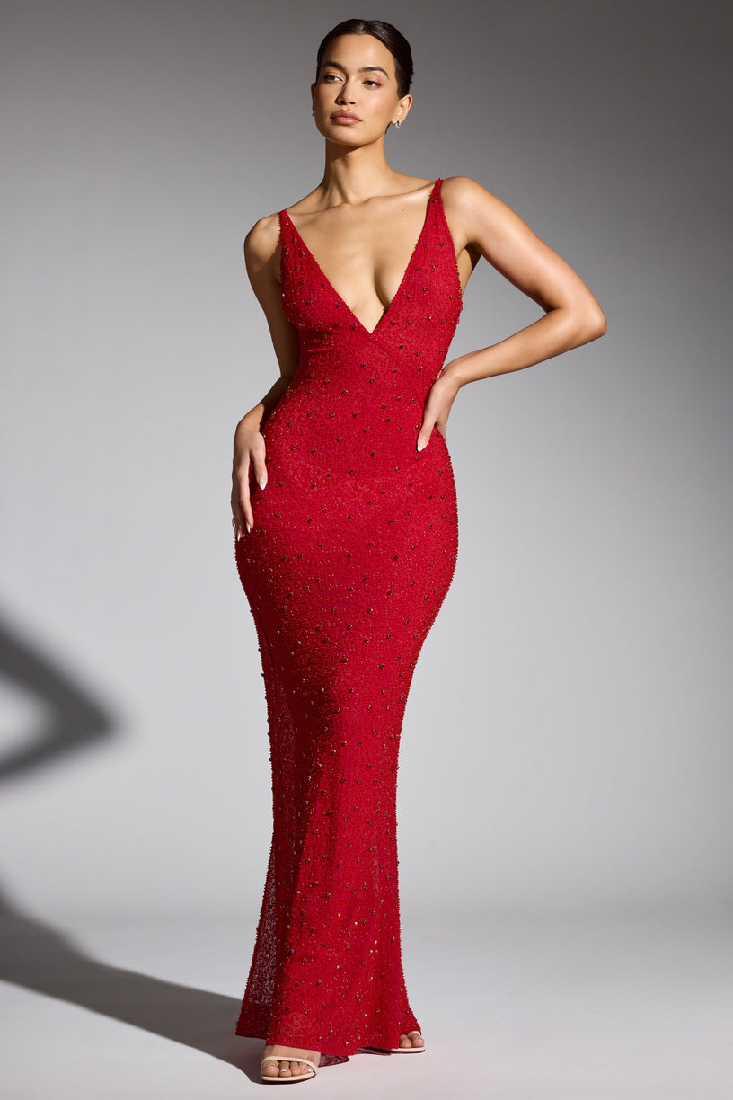 Embellished Plunge Neck Evening Gown in Red - 2