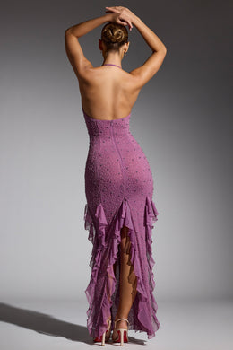 Embellished Halter Neck Ruffle Maxi Dress in Grape