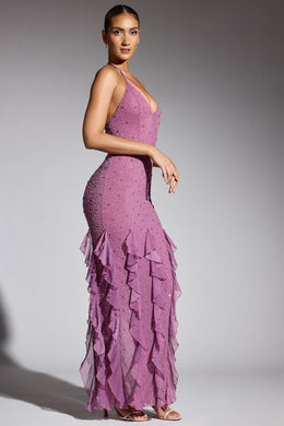 Embellished Halter Neck Ruffle Maxi Dress in Grape