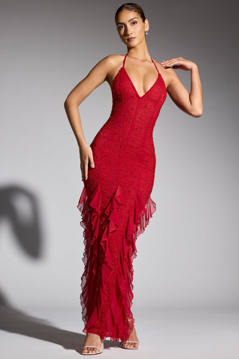 Embellished Halter Neck Ruffle Maxi Dress in Red - 1