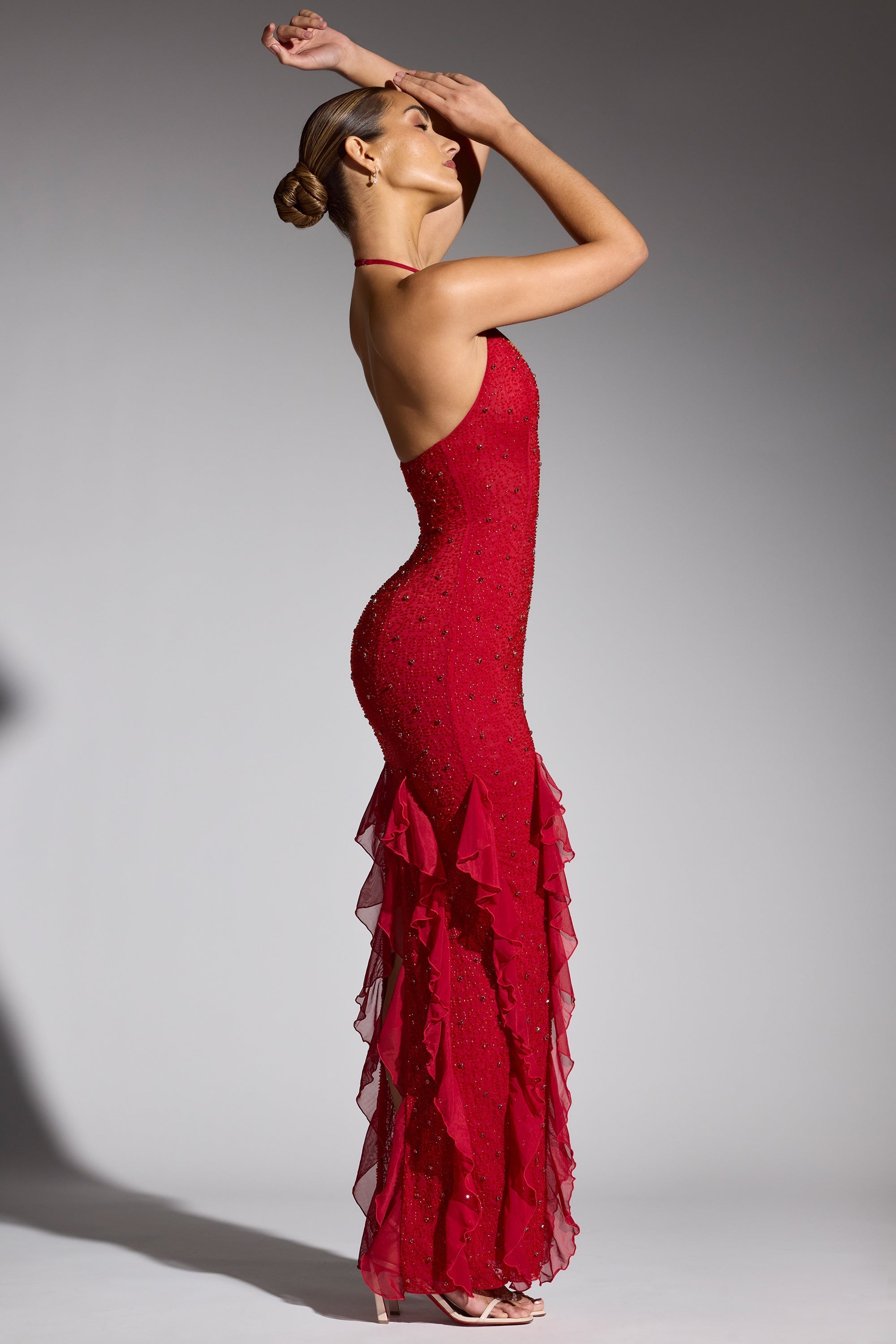 Anley Embellished Halter Neck Ruffle Maxi Dress in Red Oh Polly