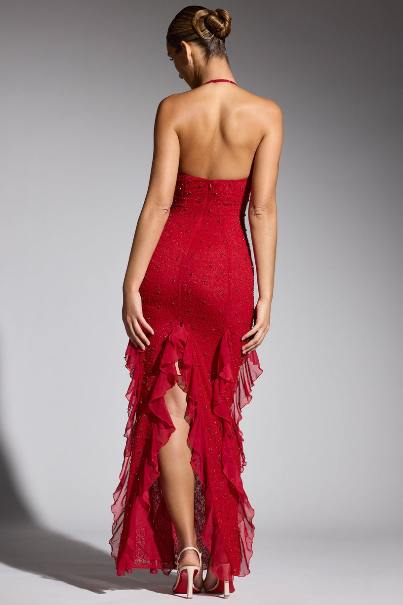 Embellished Halter Neck Ruffle Maxi Dress in Red - 2