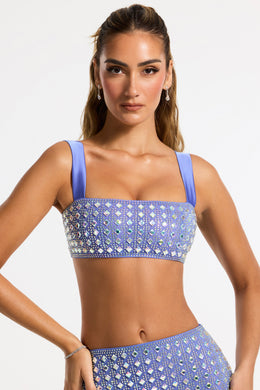 Embellished Square Neck Crop Top in Blue