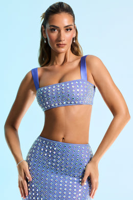 Embellished Square Neck Crop Top in Blue