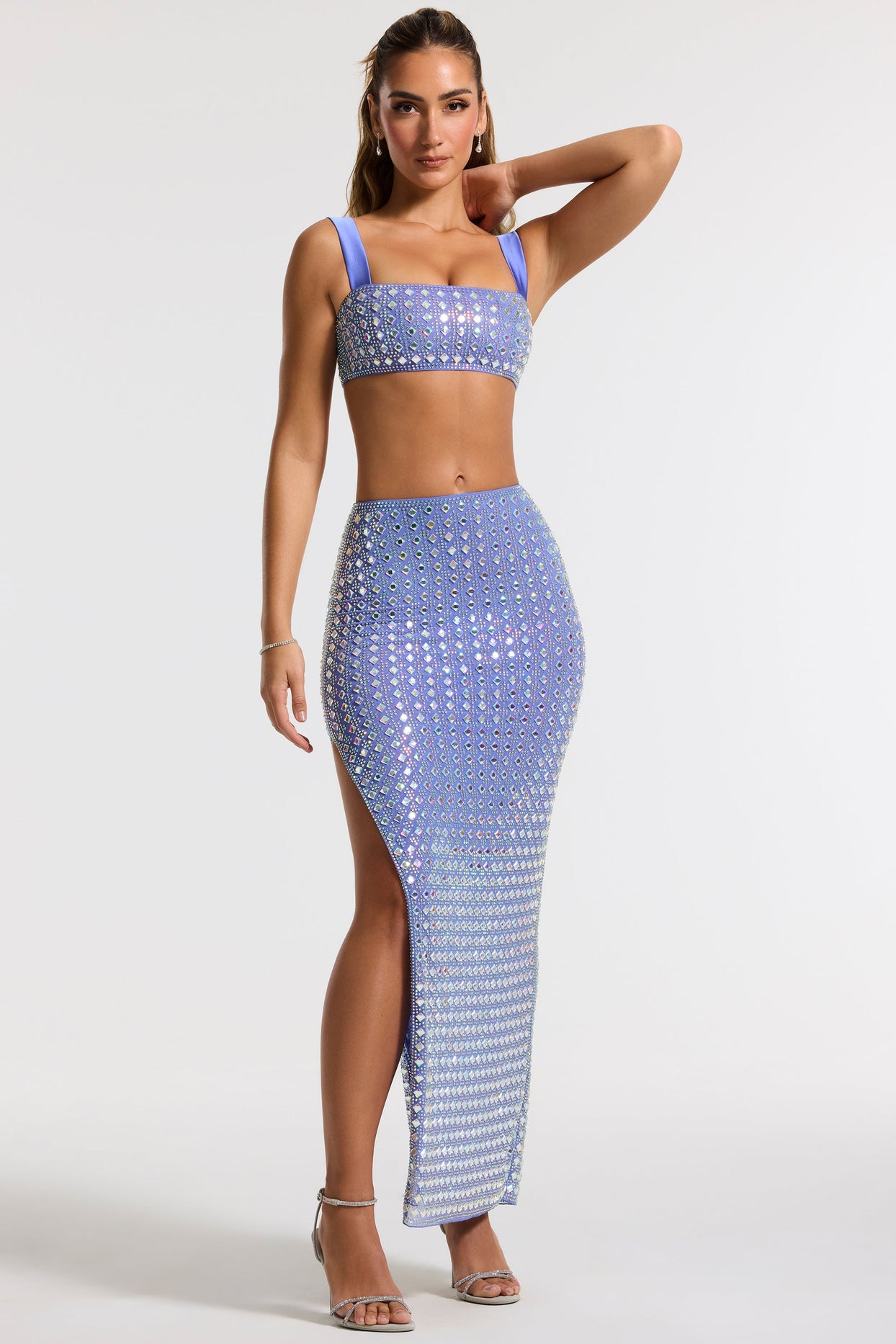 Embellished Square Neck Crop Top in Blue