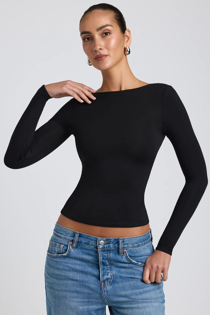 Modal High Neck Long Sleeve Open Back Top in Black - 1