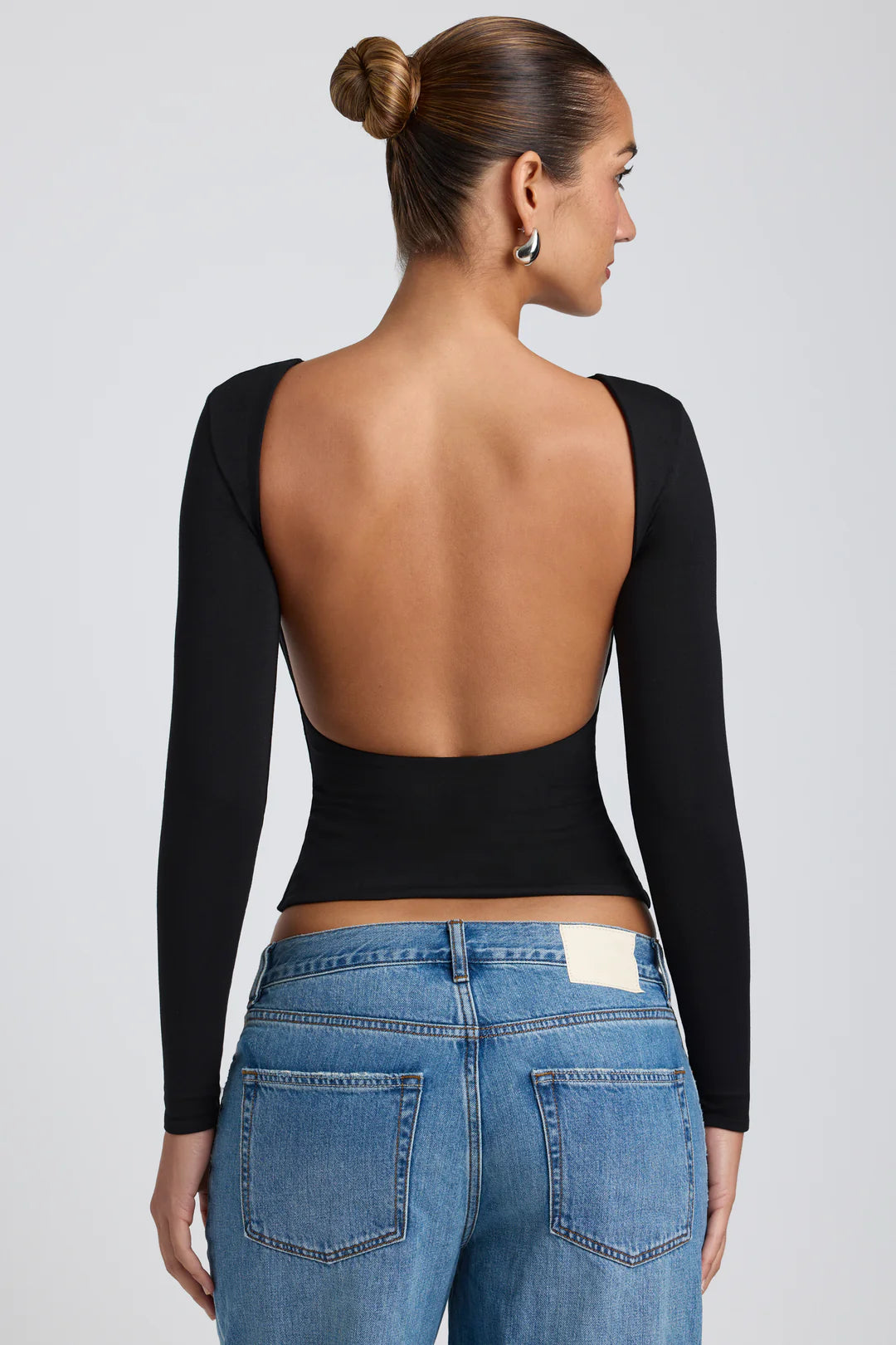 Modal High Neck Long Sleeve Open Back Top in Black