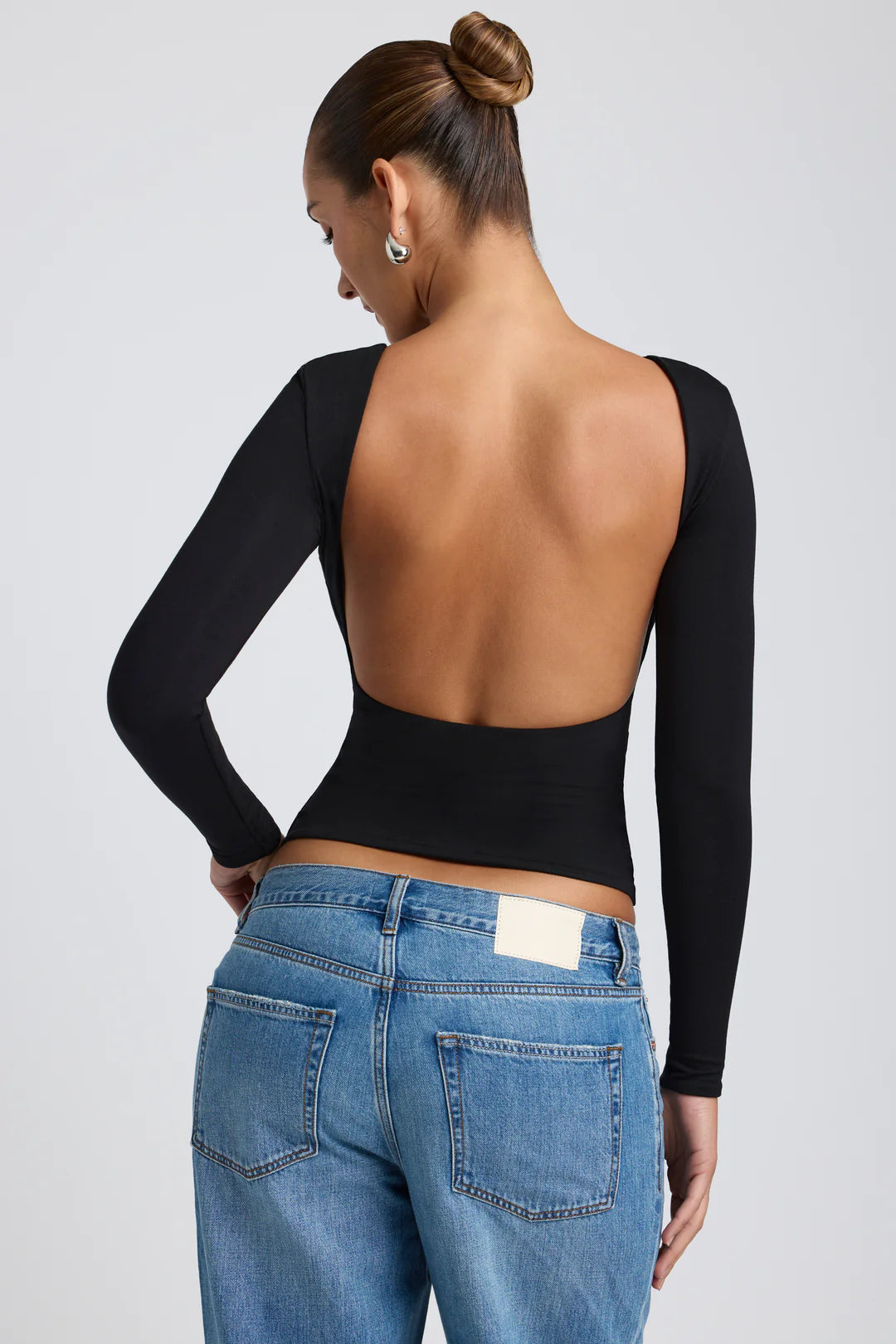 Modal High Neck Long Sleeve Open Back Top in Black - 1