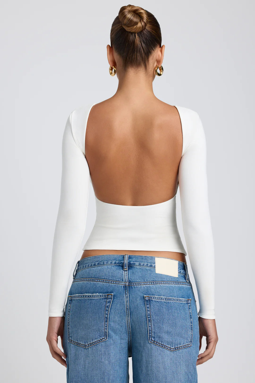 Modal High Neck Long Sleeve Open Back Top in White