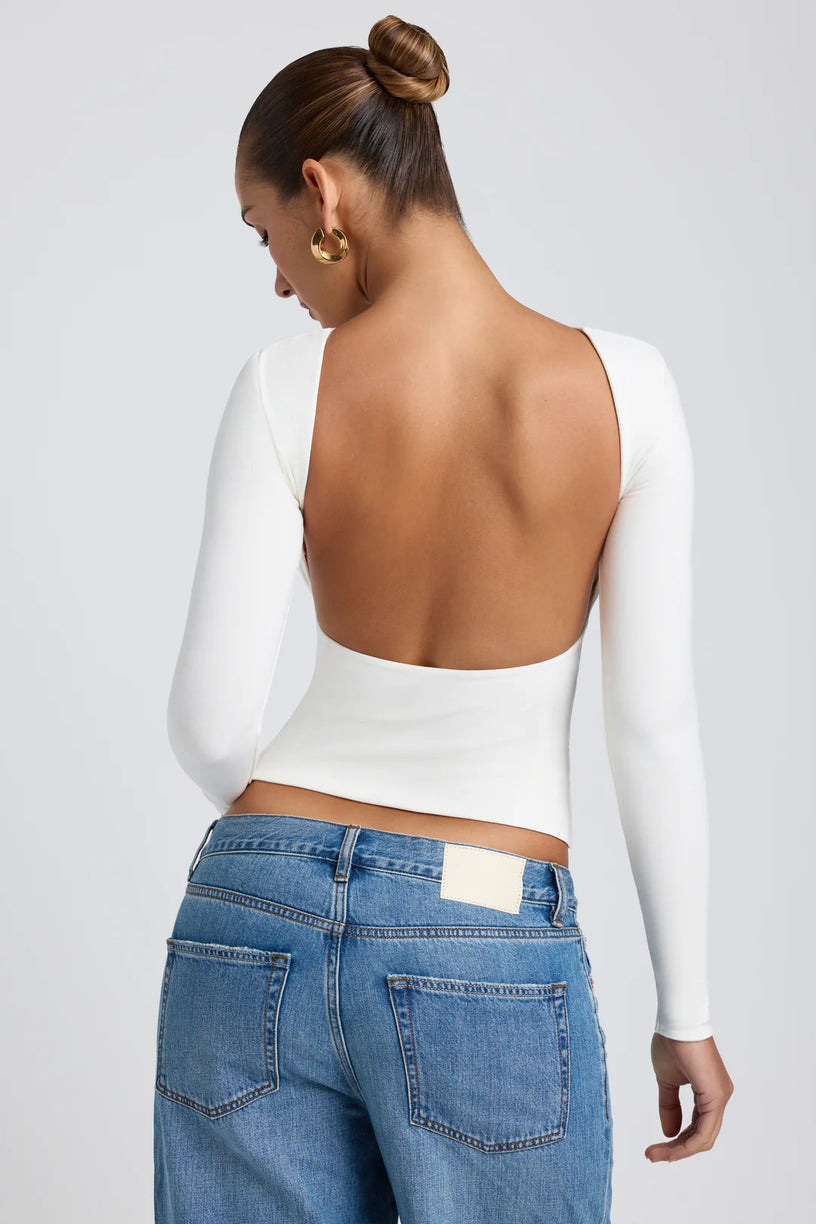 Modal High Neck Long Sleeve Open Back Top in White - 2