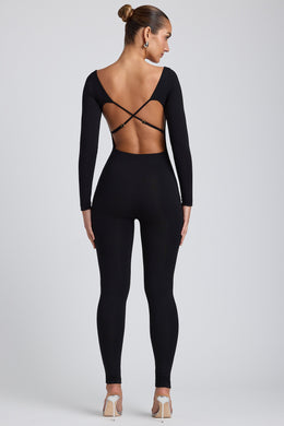 Modal Petite Scoop-Neck Cross-Back Jumpsuit in Black