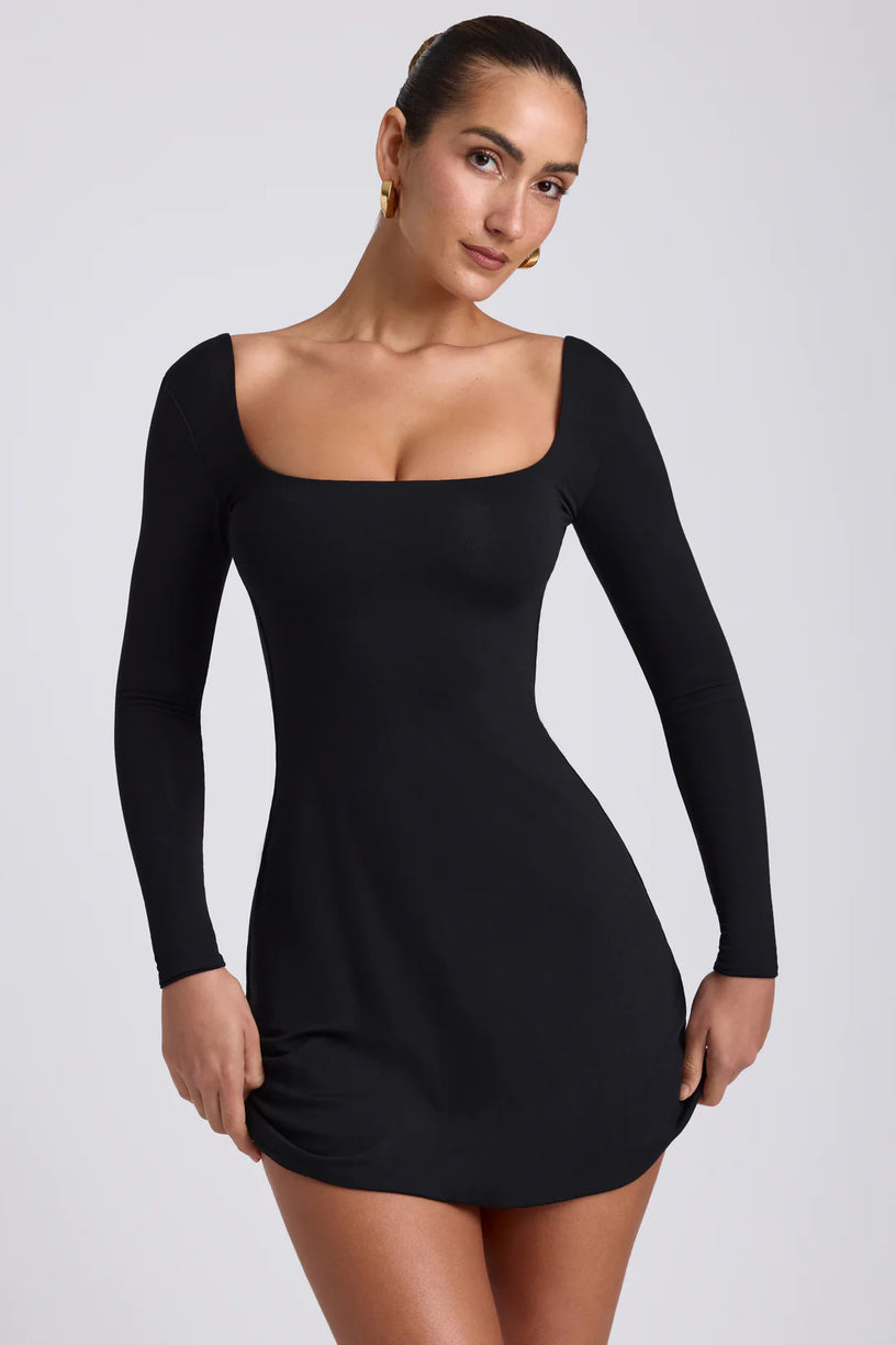 Modal Square Neck Long Sleeve Mini Dress in Black - 1