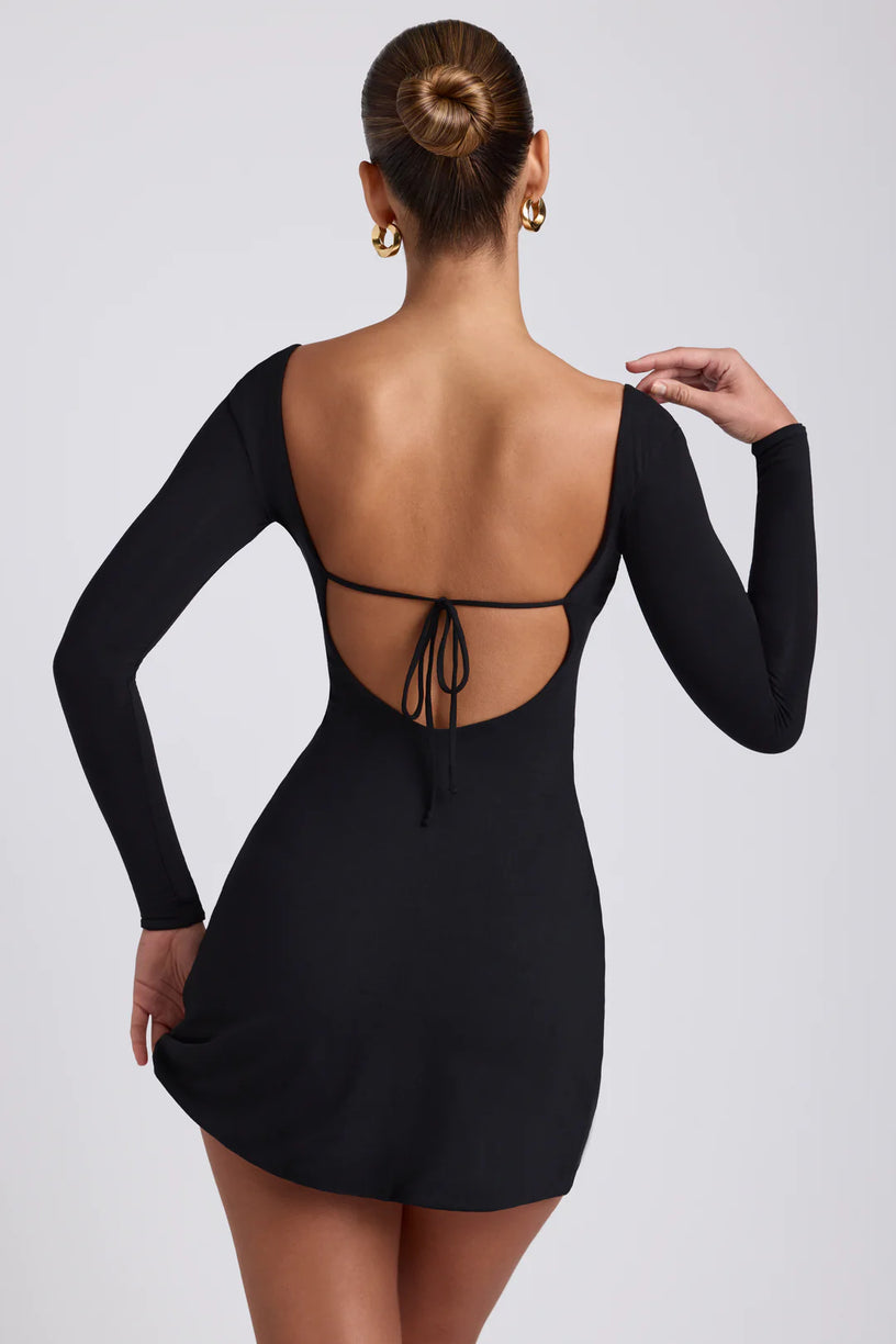 Modal Square Neck Long Sleeve Mini Dress in Black - 2