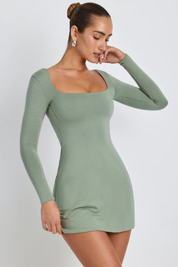 Modal Square Neck Long Sleeve Mini Dress in Sage Green