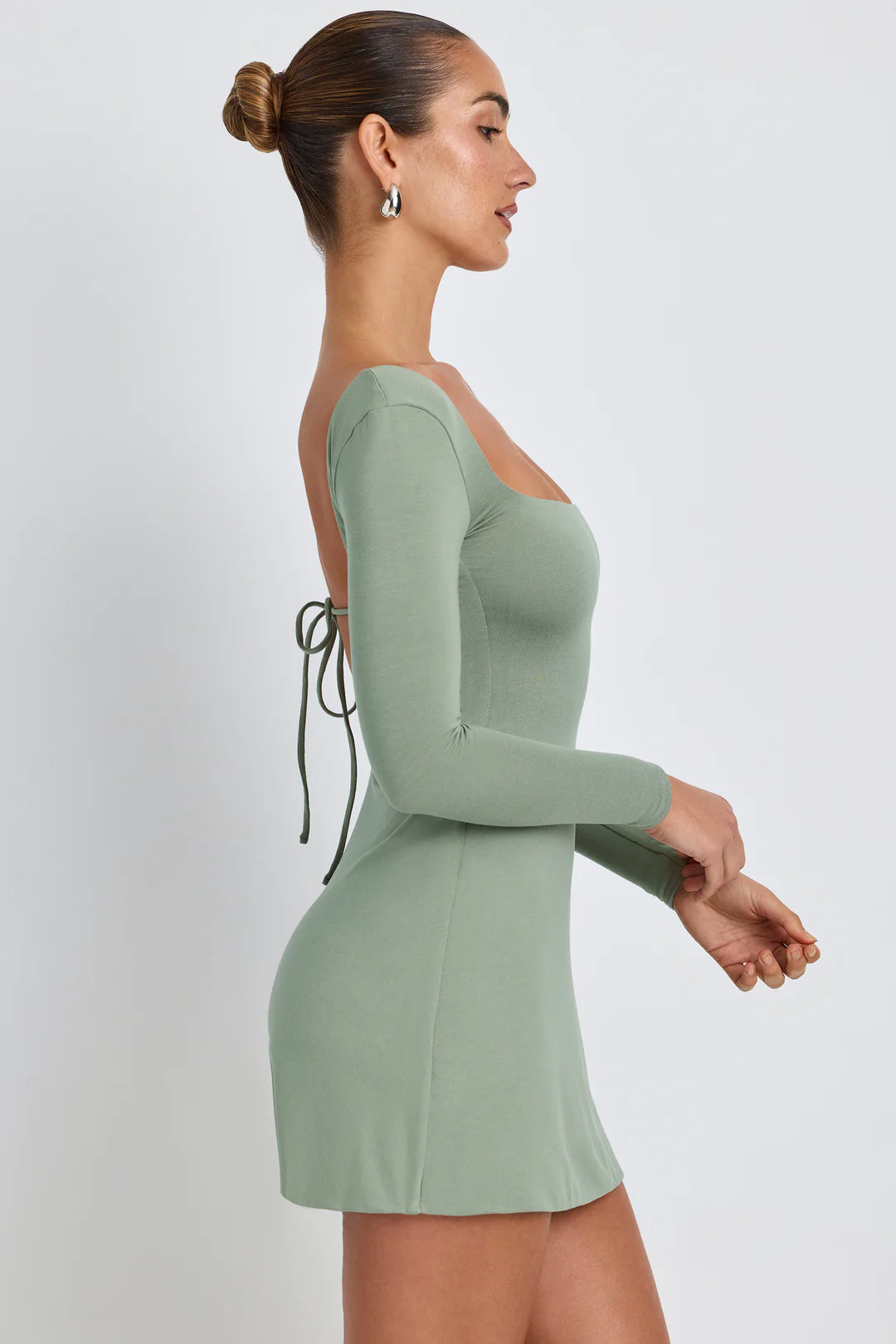 Modal Square Neck Long Sleeve Mini Dress in Sage Green