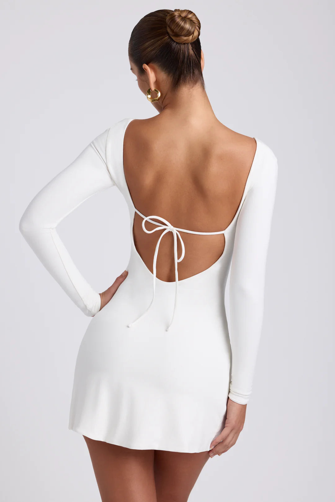 Modal Square Neck Long Sleeve Mini Dress in White