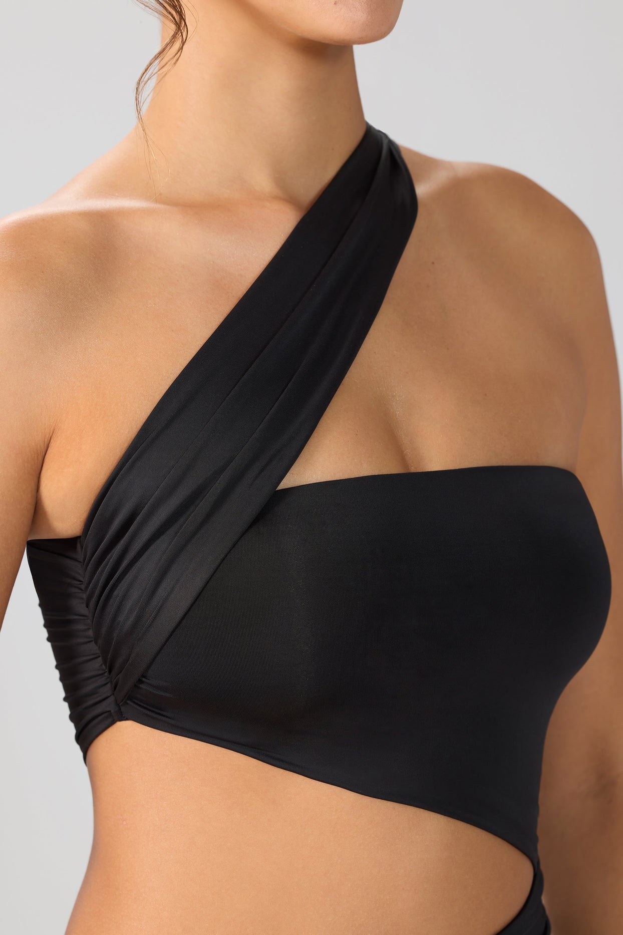 slinky jersey ruched cut out mini dress Off-Shoulder Ruched Cut-Out Mini Dress in Black - 14