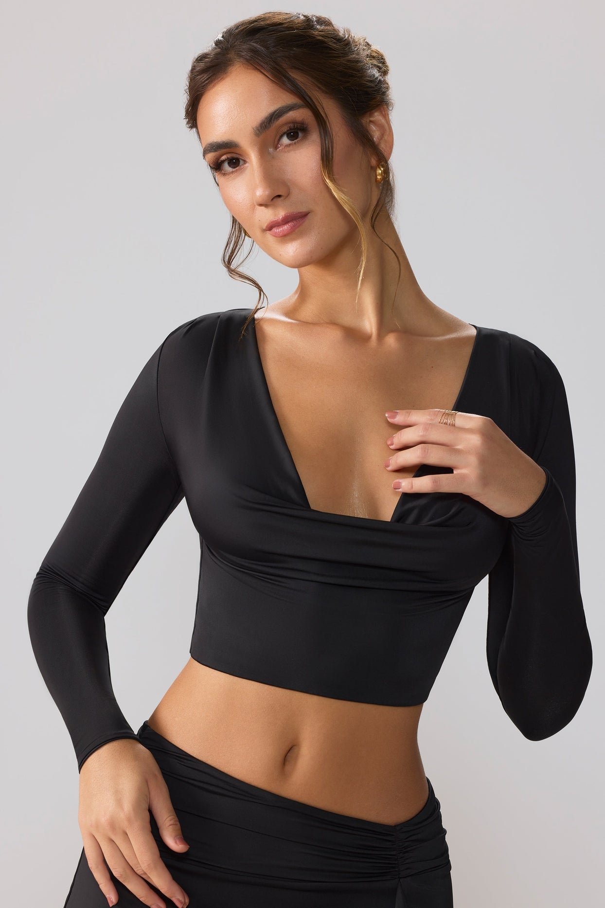 Stone Slinky Cut Out Front Long Sleeve Bodysuit