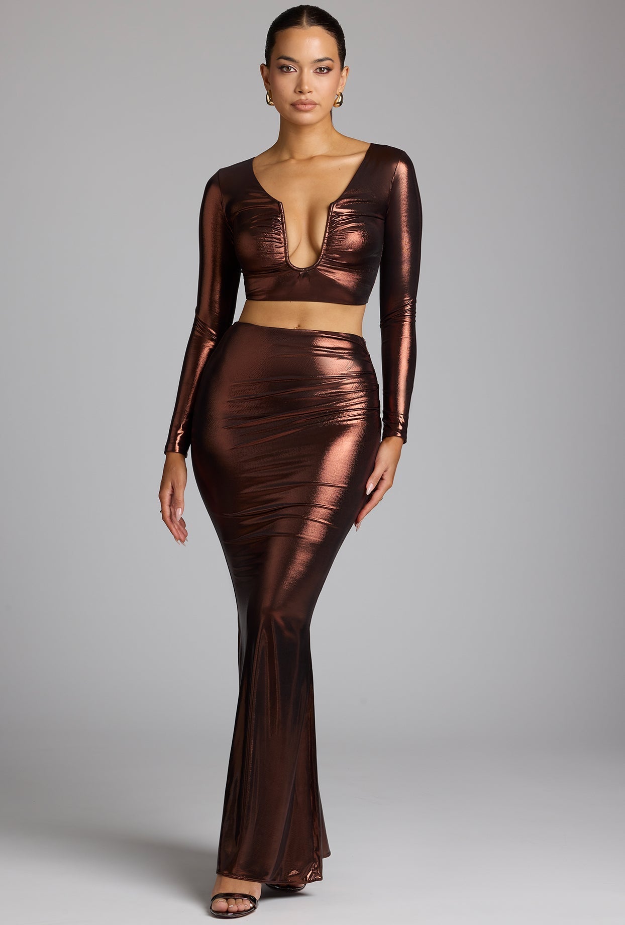 Zahra Mid Rise Metallic Jersey Fishtail Gown Skirt in Copper Bronze Oh Polly