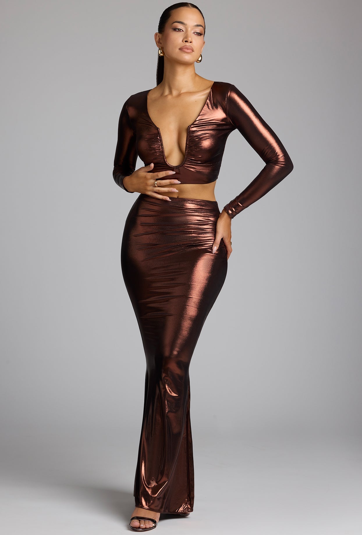 Plunge Neck Metallic Jersey Crop Top in Copper Bronze