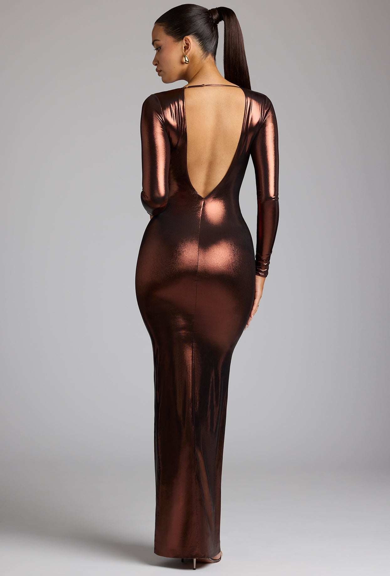 Long Sleeve Metallic Jersey Evening Gown in Copper Bronze